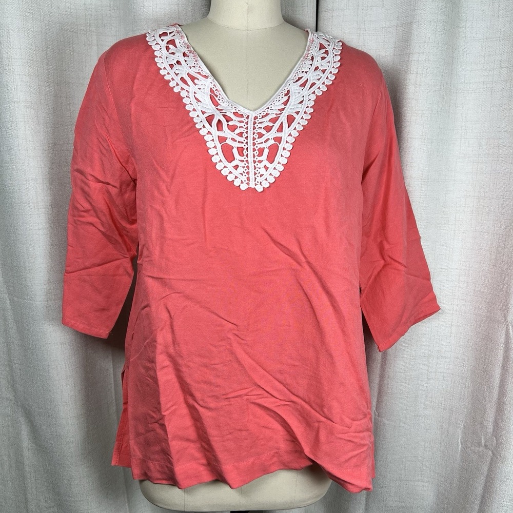 Premise Linen‎ Blend Lace Crochet Trim Tunic Top Women's Large Coral Pink Boho